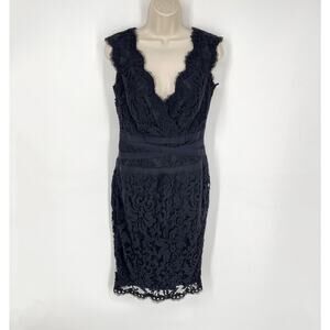 Tadashi Shoji Embroidered Lace V-Neck Cocktail Dress Sz 4 Black Ribbon Waist